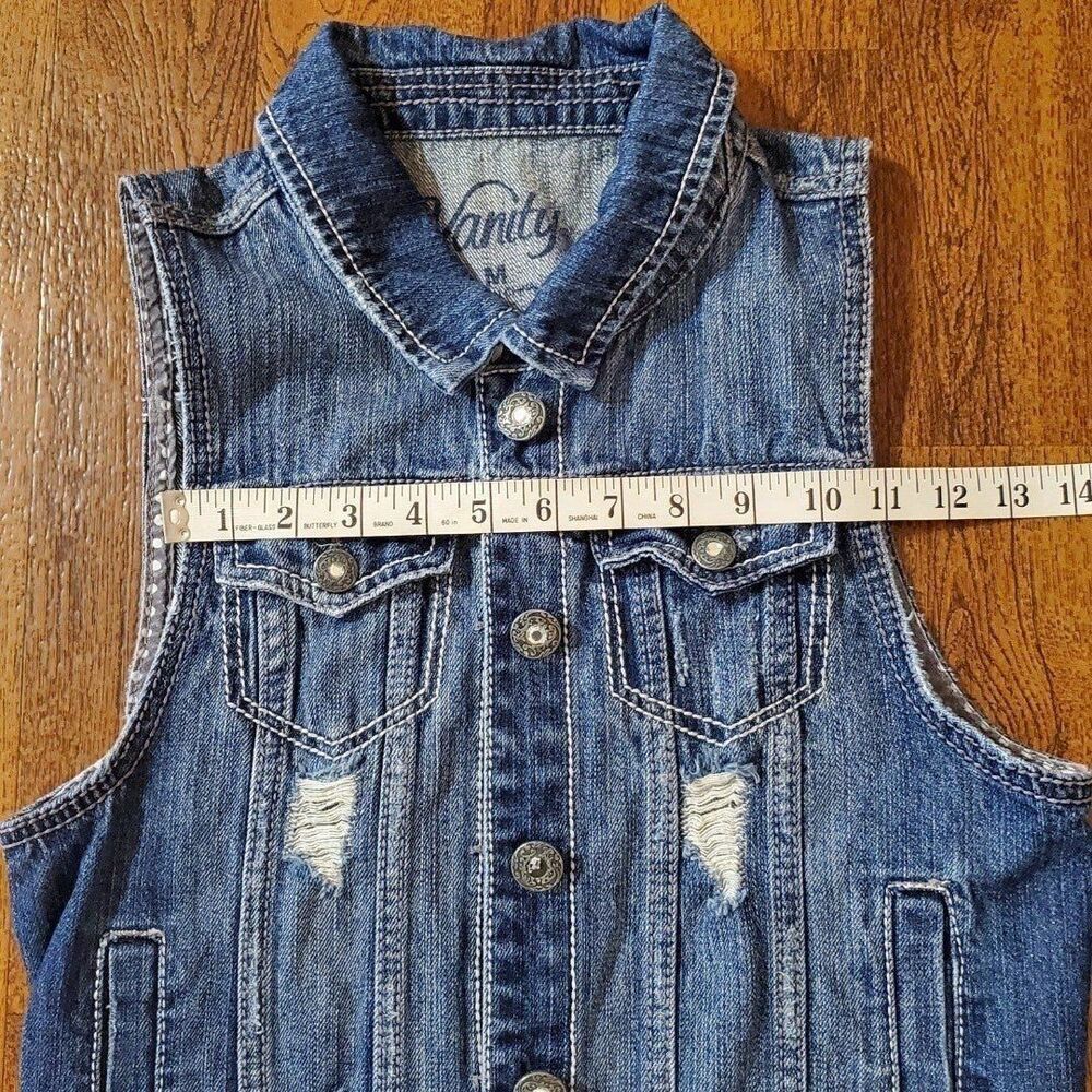 Vanity Womens Sz Medium Denim Vest Distressed Bejeweled - Picture 8 of 11